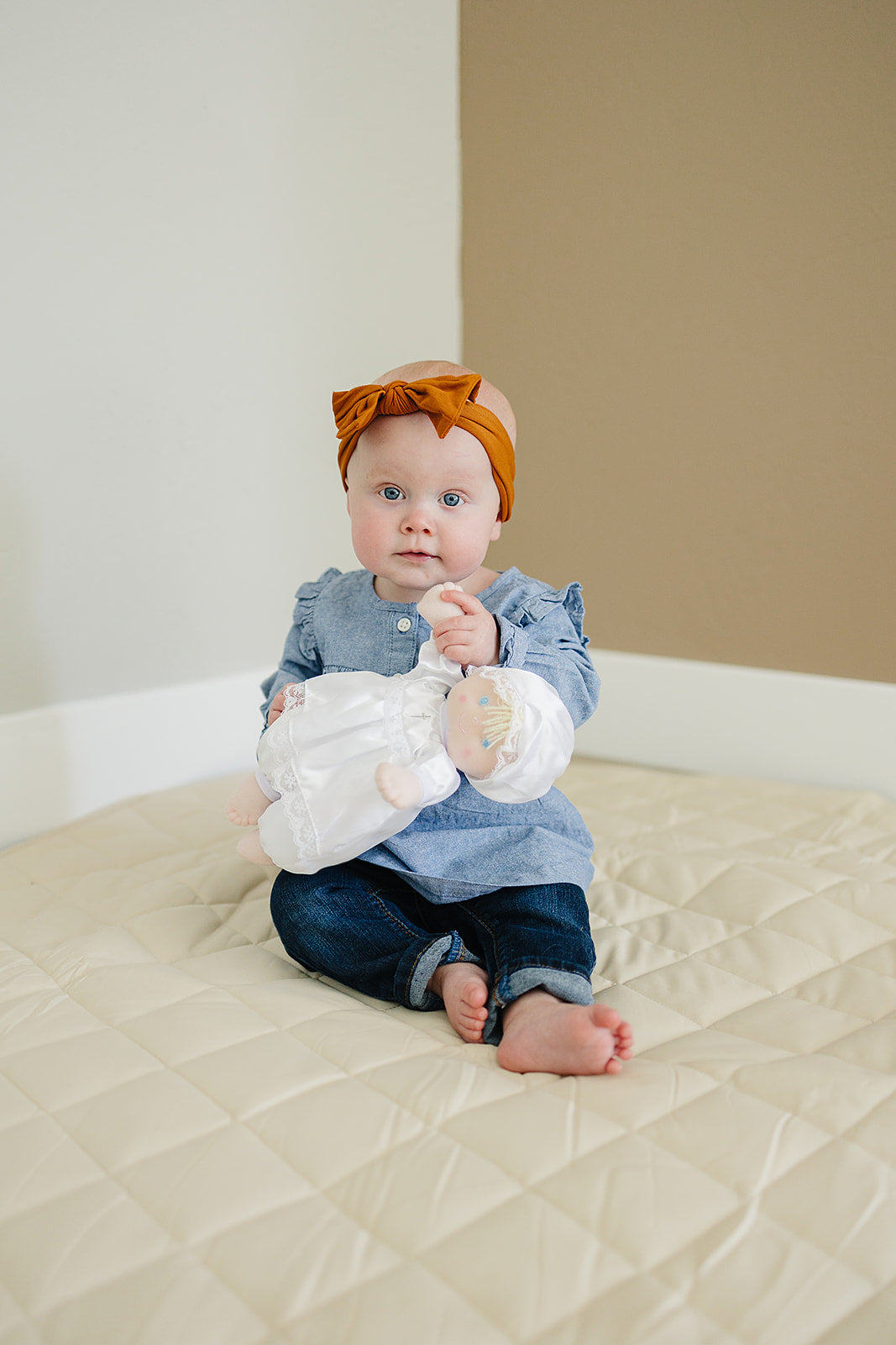 Christening Baptism Soft Baby Doll in White Satin Dress